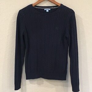 Izod Women L Sweater Navy Blue Cable Knit Embroidered Pullover 100% Cotton Golf